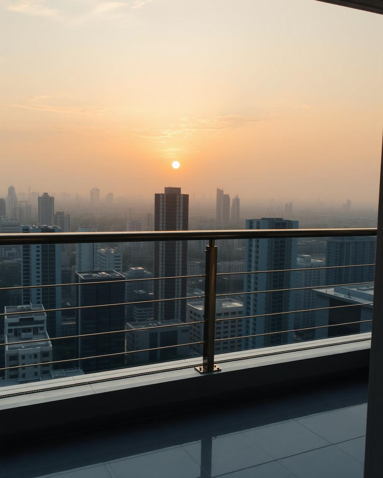 Kolkata high-rise balcony with invisible stainless steel grill at sunset